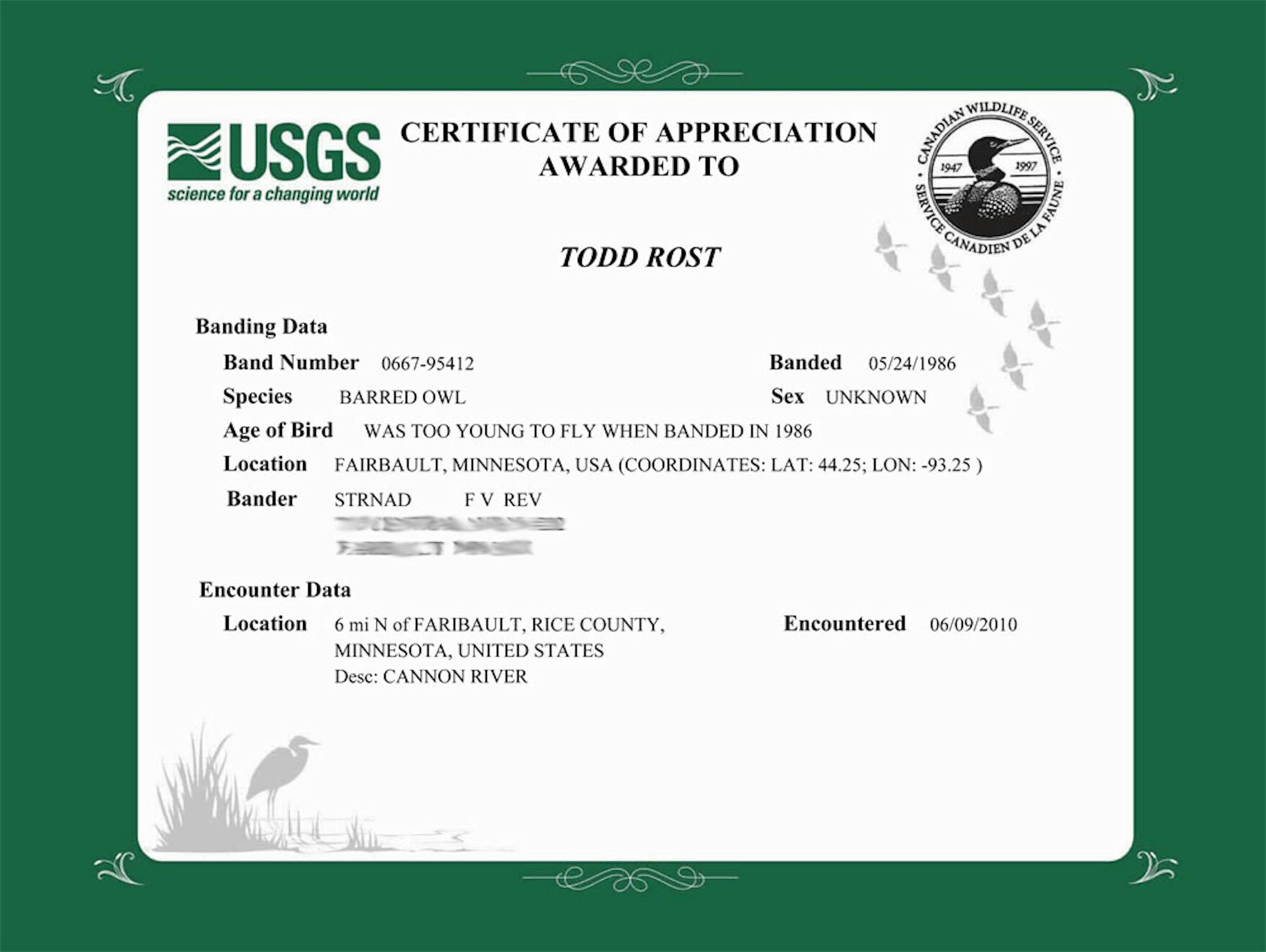 Certificate awarded to Todd Rost on his recovery.