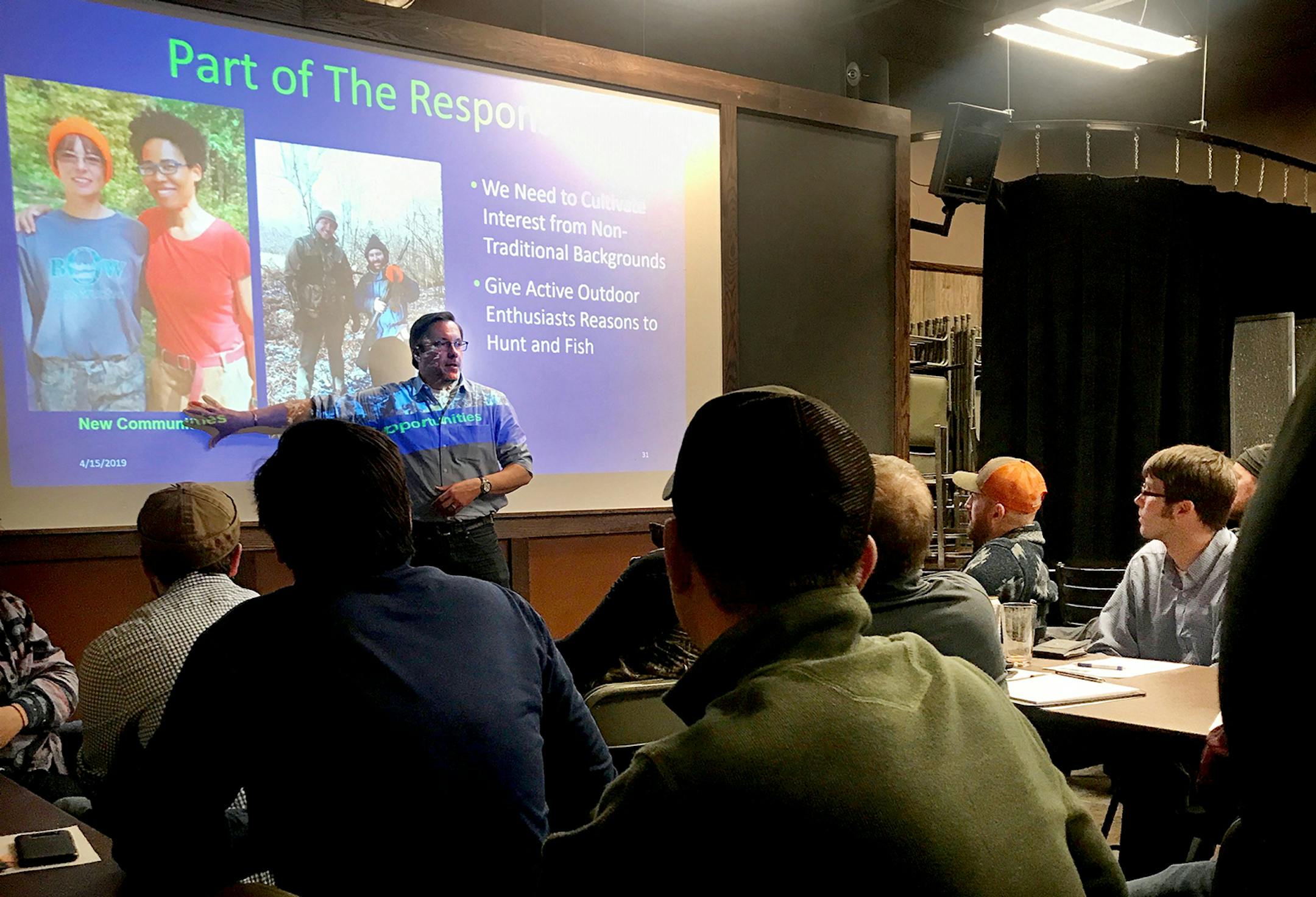 James Burnham, recruitment coordinator for the Department of Natural Resources, spokes April 15, 2019, to possibly hunting mentors during a program at VFW Post 246 in Minneapolis. The event was organized by the Minnesota chapter of Backcountry Hunters & Anglers.