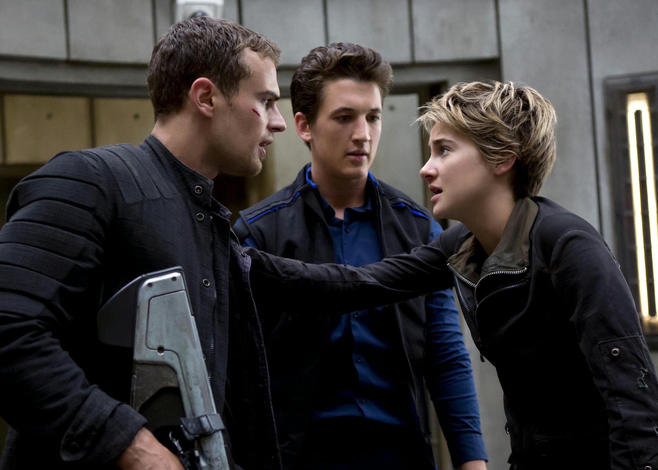 Theo James, Miles Teller and Shailene Woodley in "Divergent 2: Insurgent."