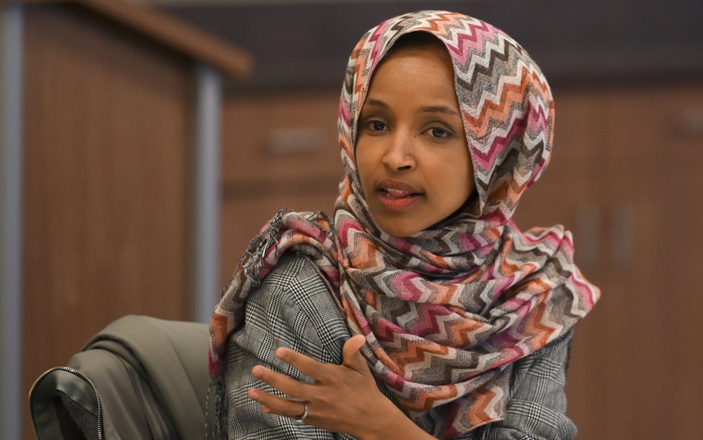 Rep. Ilhan Omar spoke to attendees of an immigration round table discussion Tuesday in Minneapolis. ] Aaron Lavinsky &#xa5; aaron.lavinsky@startribune.com Rep. Ilhan Omar held an immigration round table discussion "to discuss immigration issues with leading advocates and organizers in the district" on Tuesday, Feb. 19, 2019 in Minneapolis, Minn.