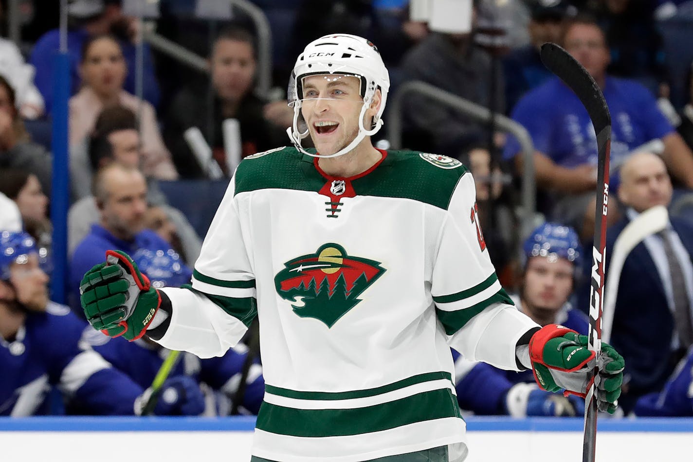 Primed for a return to the minors when the Wild convened for camp in September, defenseman Carson Soucy (shown after scoring against the Lightning in early December) won a spot on the opening night roster and has playing the best hockey of his career at both ends of the rink.