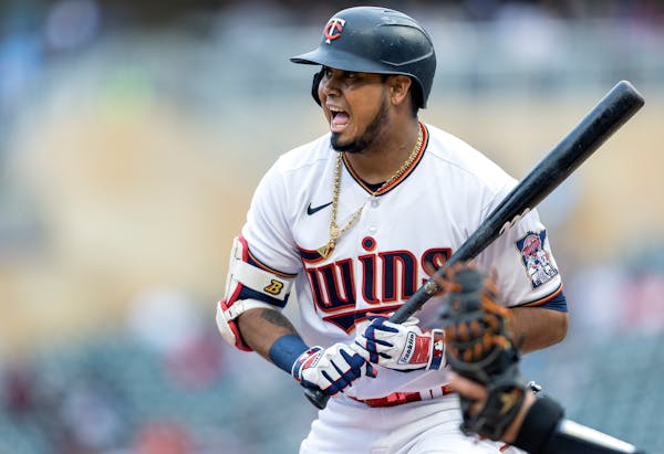 Luis Arraez (2) of the Minnesota Twins reacts after a pitch in the first inning Monday, May 23, at Target Field in Minneapolis, Minn. ] CARLOS GONZALE
