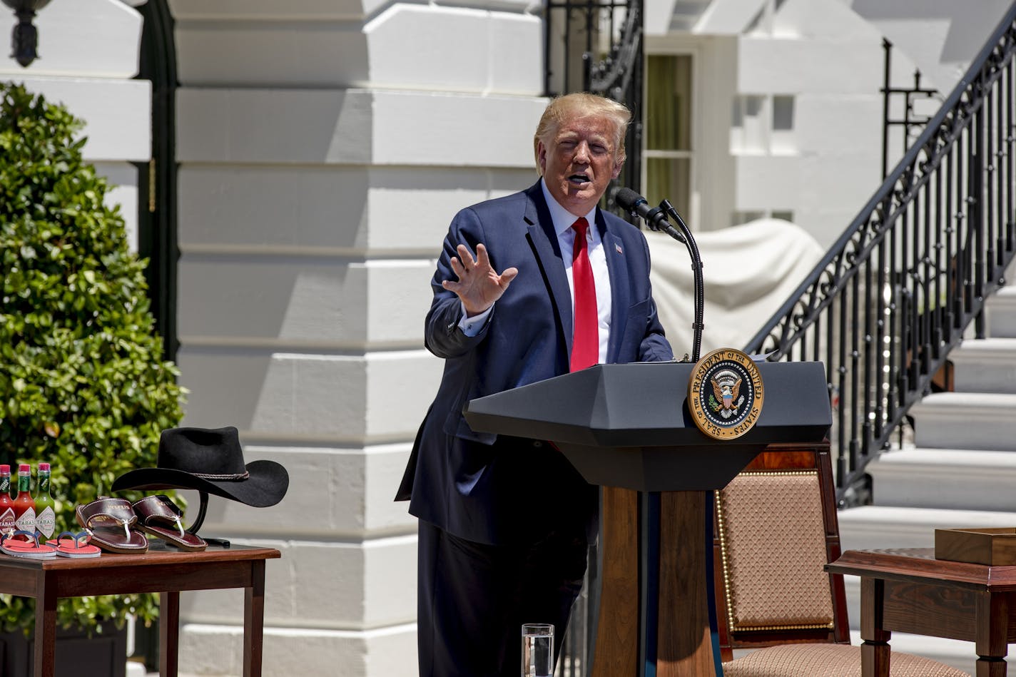 President Donald Trump speaks during his "Made in America" event at the White House in Washington, July 15, 2019. At the event on Monday, Trump increased his attacks on four first-term Democratic congresswomen and warned the party about uniting &#x201c;around the foul language & racist hatred spewed&#x201d; from the American women whom he recently told to &#x201c;go back&#x201d; to their own countries. (Anna Moneymaker/The New York Times)