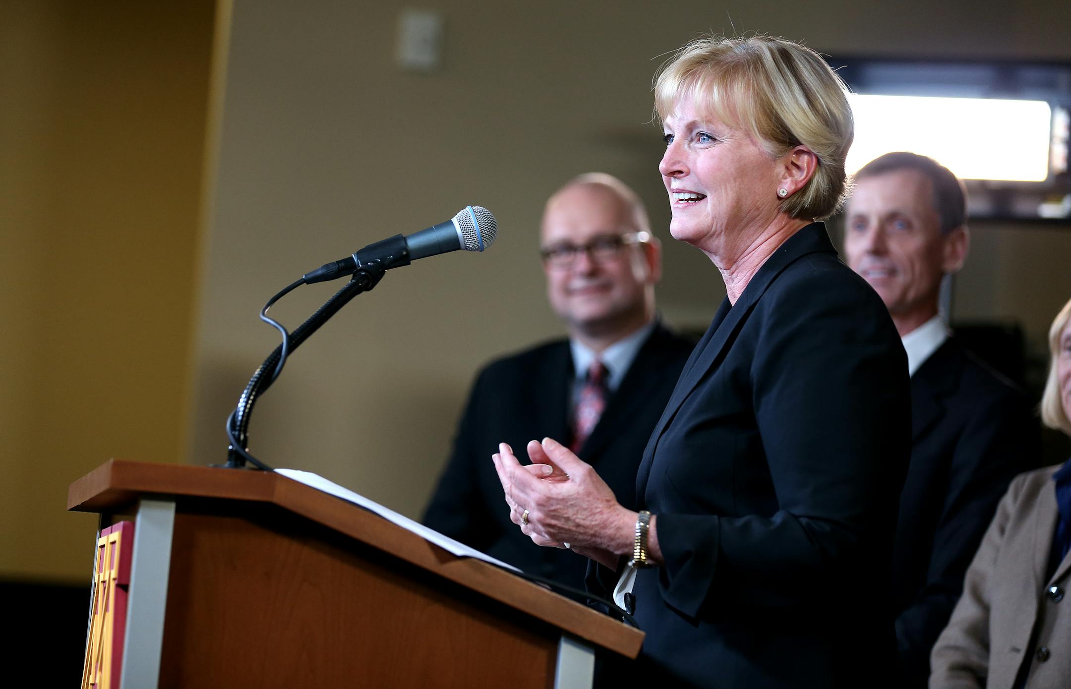 Mary Brainerd, president and CEO of HealthPartners, Inc. and Minnesota Final Four Bid Committee co-chair, answered questions after the announcement Friday that Minneapolis will host the NCAA Final Four basketball tournament in 2019.