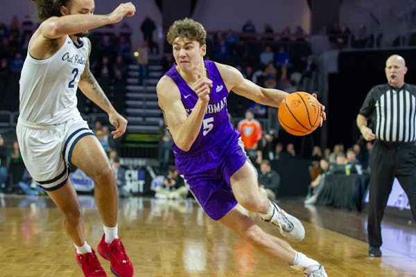 Parker Bjorklund of St. Thomas finished with a double-double (15 points, 10 rebounds) in the semifinals of the Summit League tournament on Monday nigh