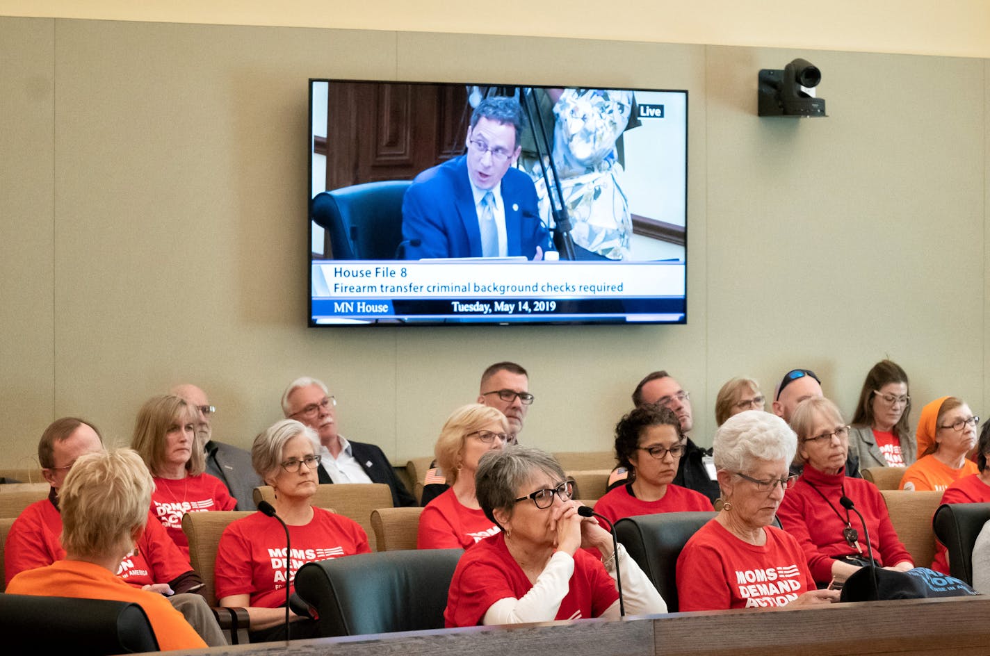 The overflow room for the Public Safety conference committee held mostly members of Moms Demand Action members. On the screen is Sen. Ron Latz, D-St. Louis Park. ] GLEN STUBBE &#x2022; glen.stubbe@startribune.com Tuesday, May 14, 2019 In one of the last chances for two pieces of gun control legislation prioritized by Democrats this session, a public safety conference committee will hear measures to expand background checks and create a red flag law on Tuesday. The two policies are included in th