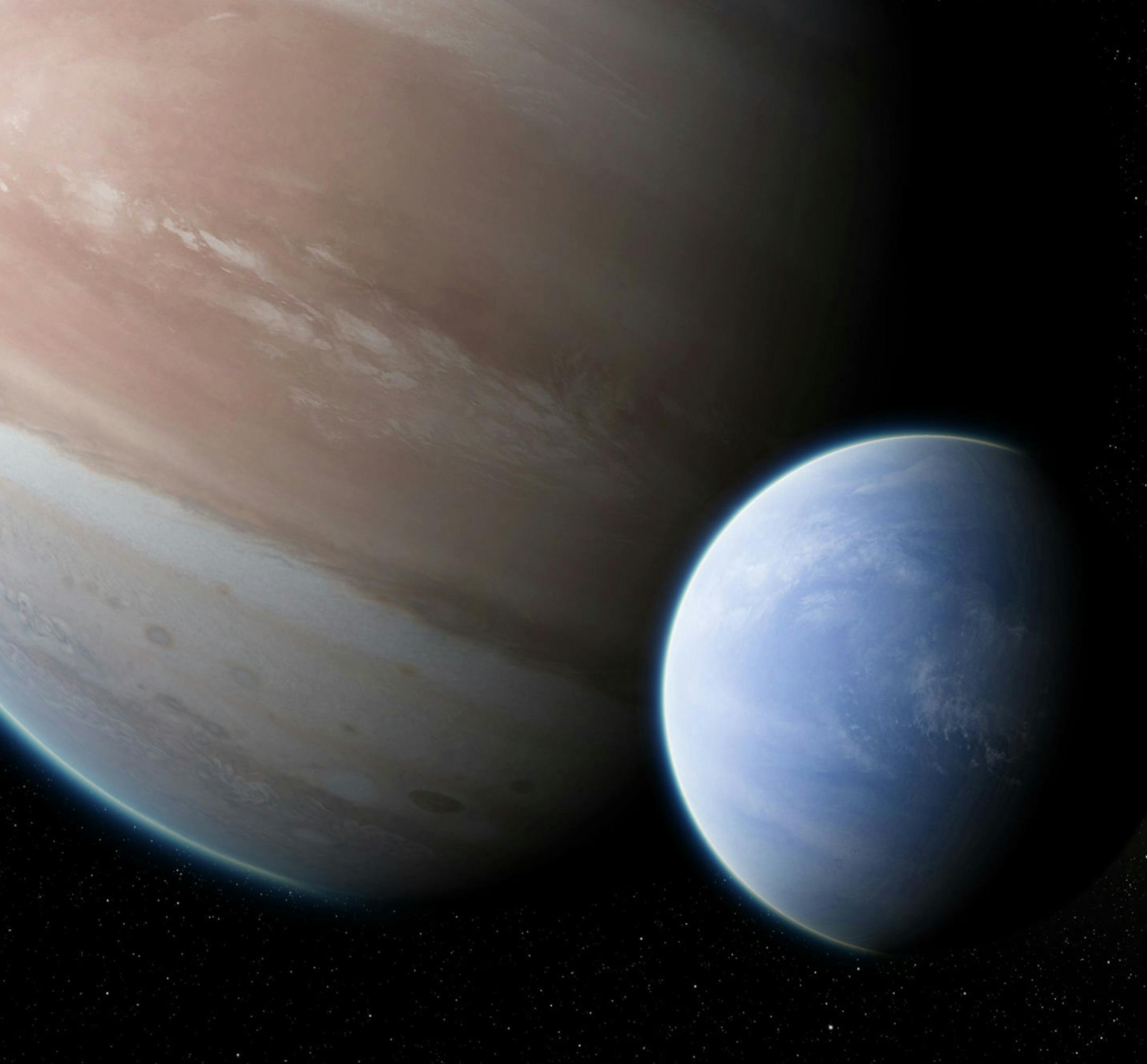This illustration provided by Dan Durda shows the exoplanet Kepler-1625b with a hypothesized moon. On Thursday, Oct. 4, 2018, two Columbia University researchers reported their results that the potential exomoon would be the size of Neptune or Uranus. The exoplanet, about 8,000 light-years away, is as big as Jupiter. (Dan Durda via AP)