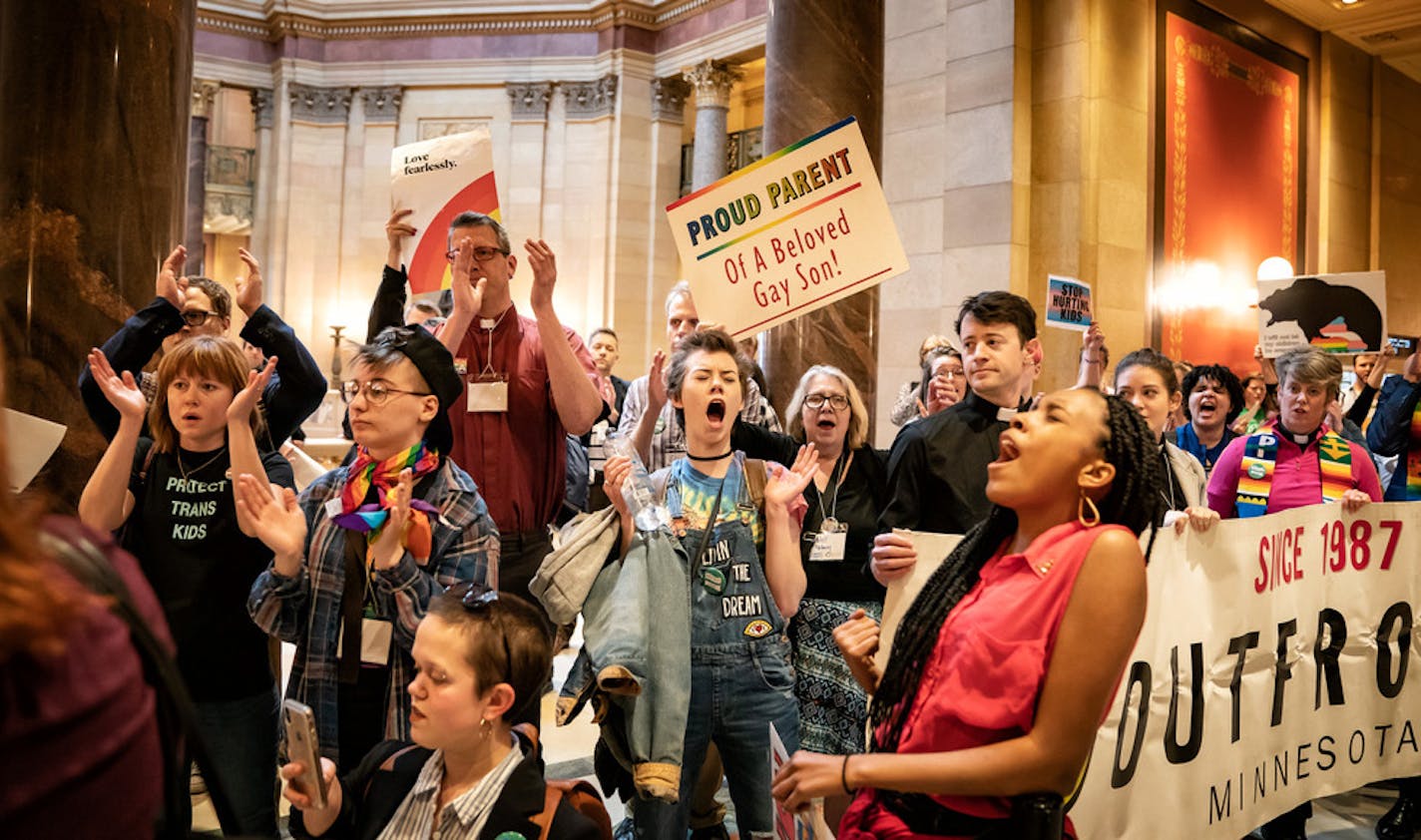 While Rep. Tim Miller, R-Prinsburg, spoke on an amendment about conversion therapy on the House Floor, over one hundred protesters with Outfront Minnesota sang and cheered outside. ] GLEN STUBBE &#x2022; glen.stubbe@startribune.com Thursday, April 25, 2019 It has been a hectic week at the Minnesota State Legislature with long intense floor debates on a wide range of omnibus bills that will ultimately head to conference committees.