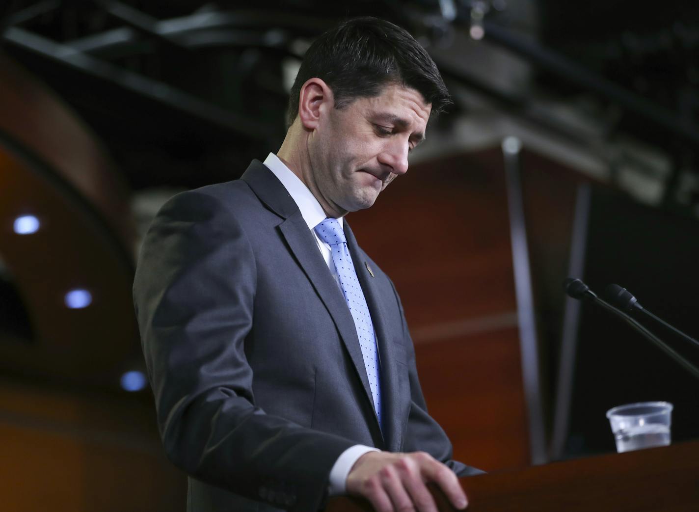 House Speaker Paul Ryan of Wis., pauses as he speaks to the media during a news conference, Thursday, Feb. 15, 2018, on Capitol Hill in Washington. (AP Photo/Pablo Martinez Monsivais)