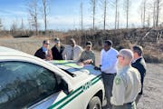 Superior National Forest employees talk with USDA Under Secretary Homer Wilkes near a Greenwood Fire site last week in northeastern Minnesota.