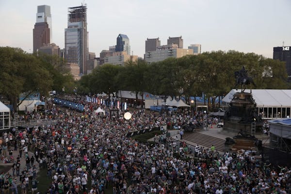 Fans gather during the second round of the 2017 NFL football draft, Friday, April 28, 2017, in Philadelphia.