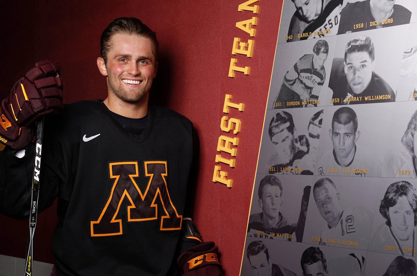 Gophers hockey senior captain Tyler Nanne stood for a portrait next to a first team board with a photograph of his grandfather, Lou Nanne, from 1963 near the Gophers locker room. ] ANTHONY SOUFFLE &#x2022; anthony.souffle@startribune.com Gophers hockey senior captain Tyler Nanne stood for a portrait Tuesday, Oct. 1, 2019 following practice at the 3M Arena at Mariucci on the Grounds of the University of Minnesota in Minneapolis.