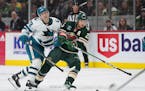 Wild defenseman Jonas Brodin battles for the puck Thursday against San Jose, his return from injury will be crucial if the Wild are going to try and m