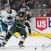 Wild defenseman Jonas Brodin battles for the puck Thursday against San Jose, his return from injury will be crucial if the Wild are going to try and m