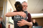 COVID survivor Rick Ulrich, of Norwood Young America, embraces critical care nurse Holly Vilione Thursday, May 11, 2023, at North Memorial Health Hosp