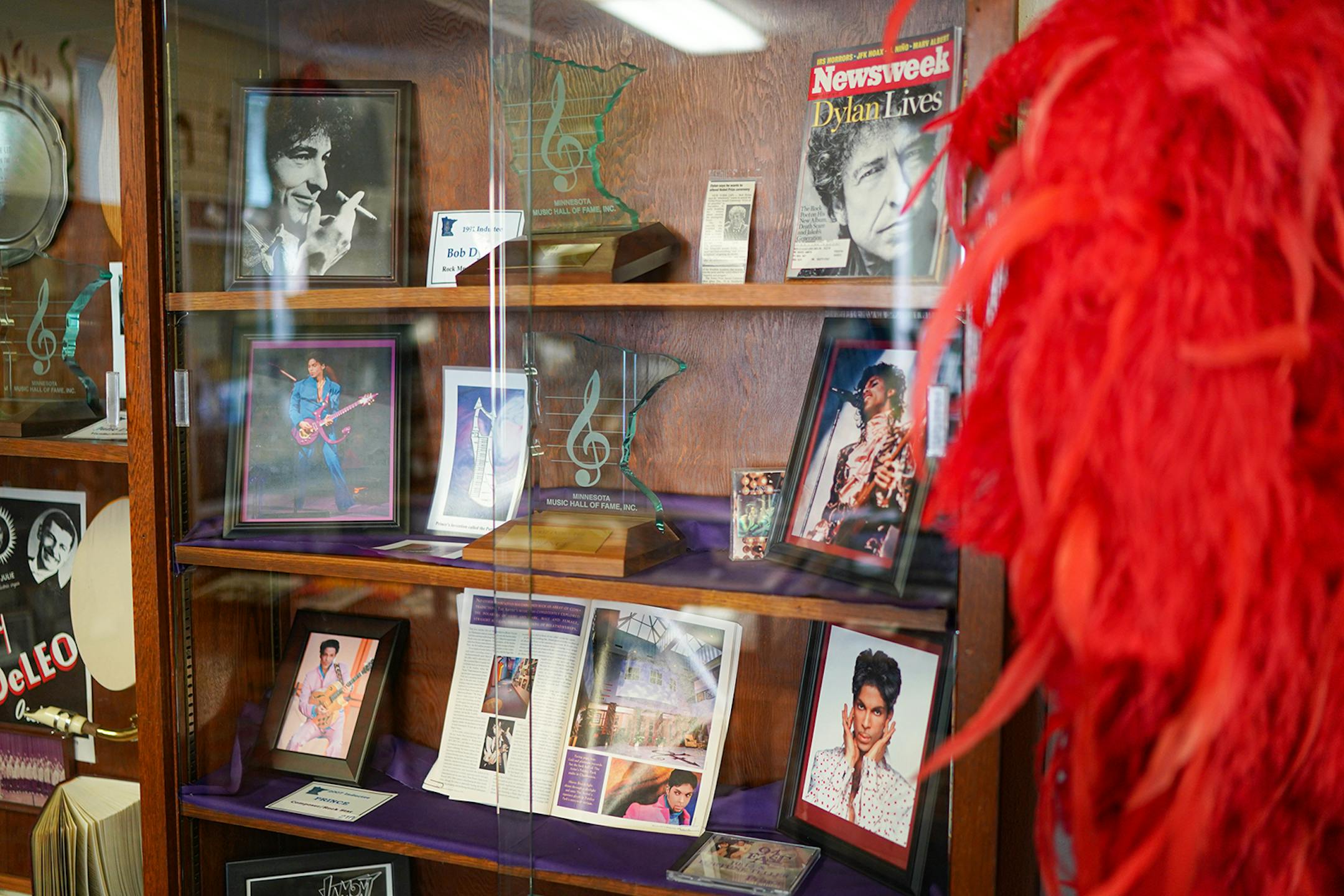 1991 inductee Bob Dylan and 2007 inductee Prince. The Minnesota Music Hall of Fame in New Ulm, Minnesota.