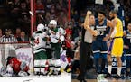 Wild players celebrated Saturday during a victory over Ottawa (left), and the Wolves and Karl-Anthony Towns had good moments Sunday against the Lakers