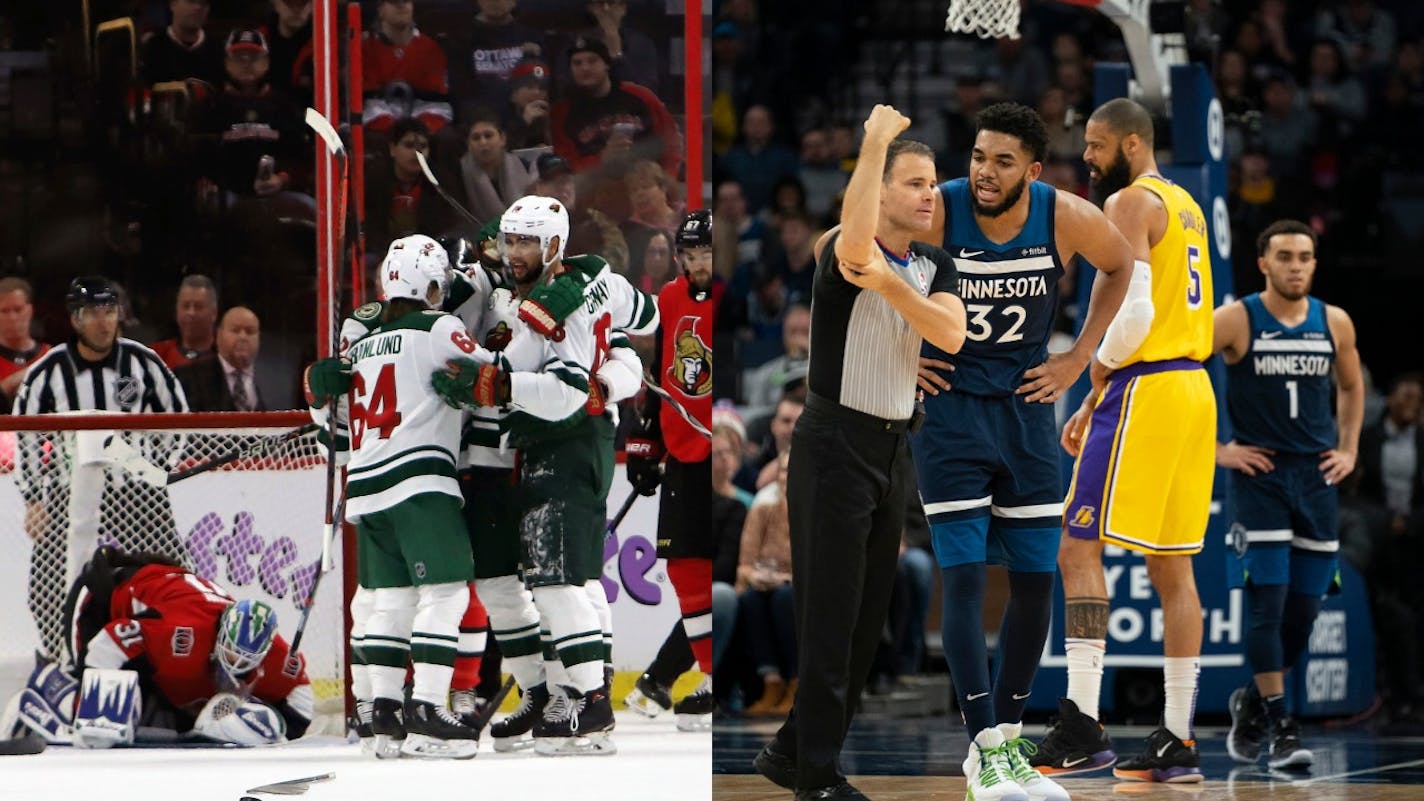 Wild players celebrated Saturday during a victory over Ottawa (left), and the Wolves and Karl-Anthony Towns had good moments Sunday against the Lakers before their coach was fired.