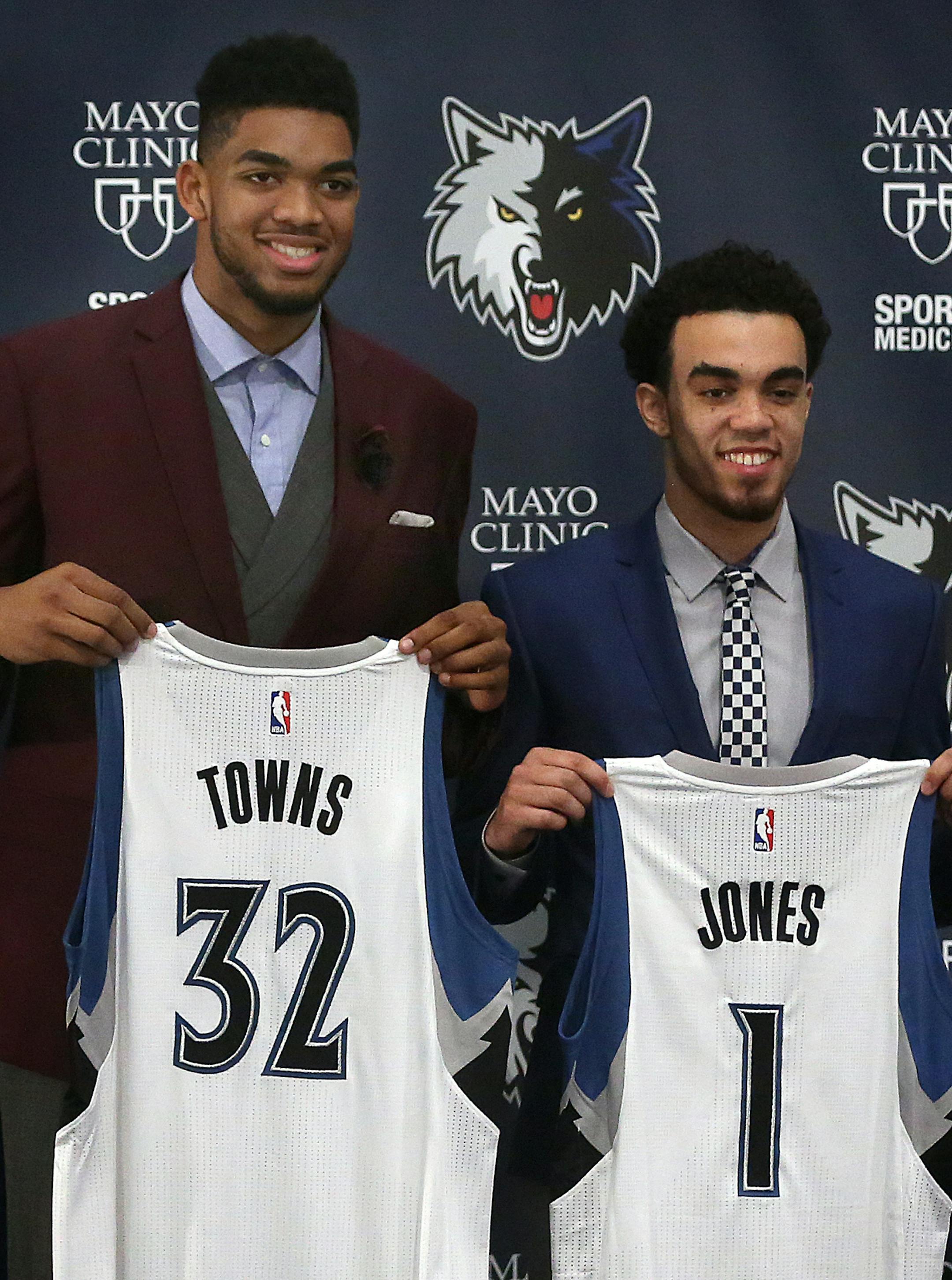 Timberwolves draft picks Karl-Anthony Towns (left, first overall in the NBA Draft) and Tyus Jones were introduced during a news conference Friday afternoon. Flip Saunders, head coach and president of basketball operations and general manager Milt Newton, also appeared at the press conference. ] JIM GEHRZ ï james.gehrz@startribune.com / Minneapolis, MN / June 26, 2015 / 11:00 AM ñ BACKGROUND INFORMATION: The Timberwolves will have a news conference to introduce draftees Karl-Anthony Tow
