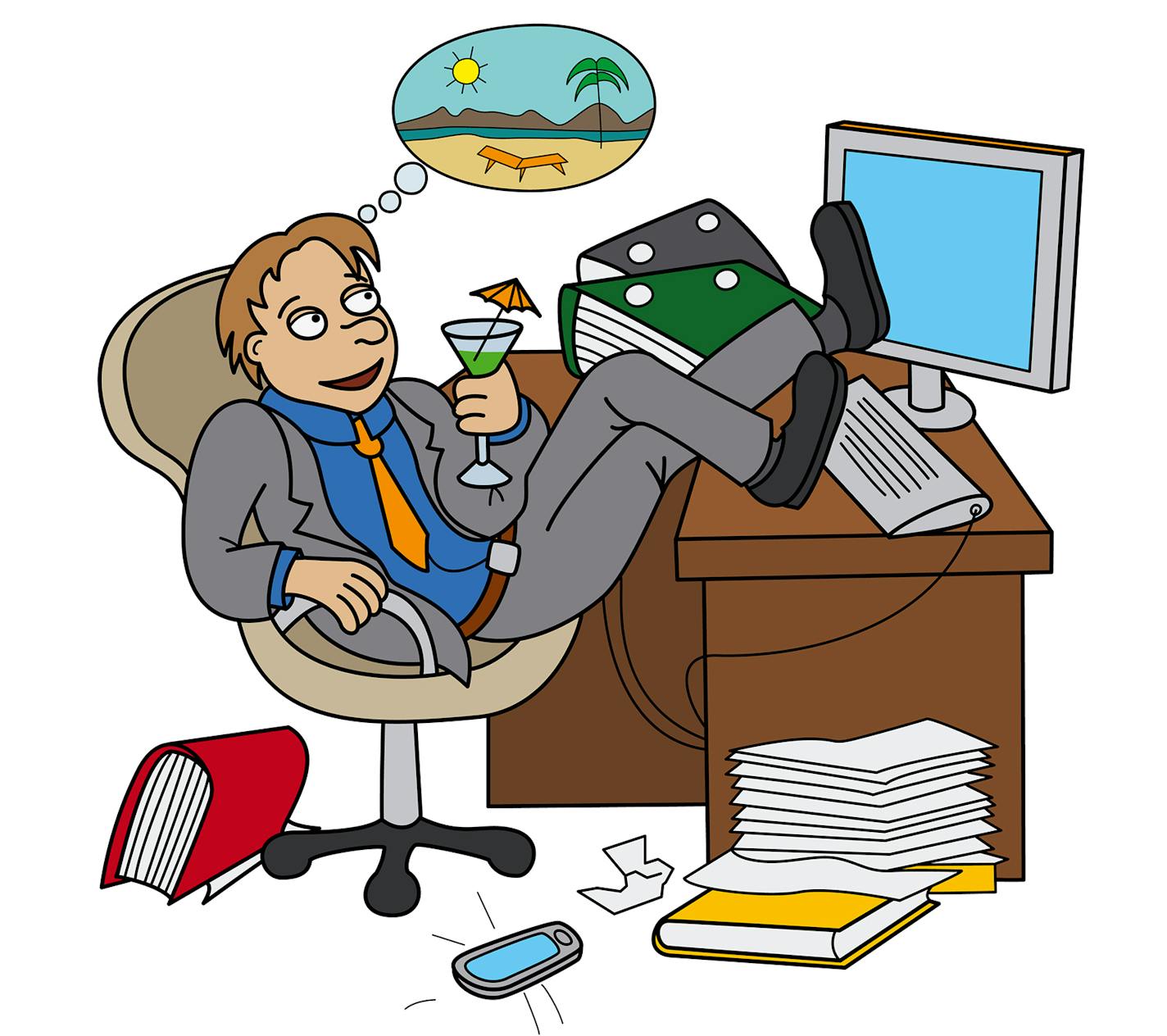 Man sitting on workplace, drinking a cocktail and dreaming