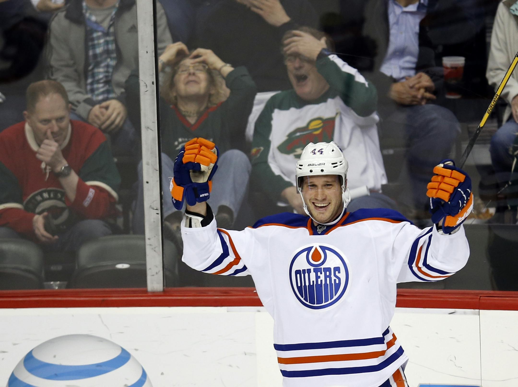 To the dismay of Wild fans, Edmonton's Corey Potter celebrates his second, first period goal against the Minnesota Wild Friday night.