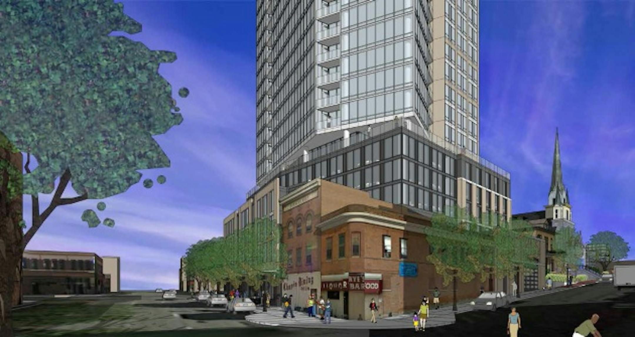 An early rendering of a proposed tower near the historic Nye's Polonaise Room in northeast Minneapolis.
