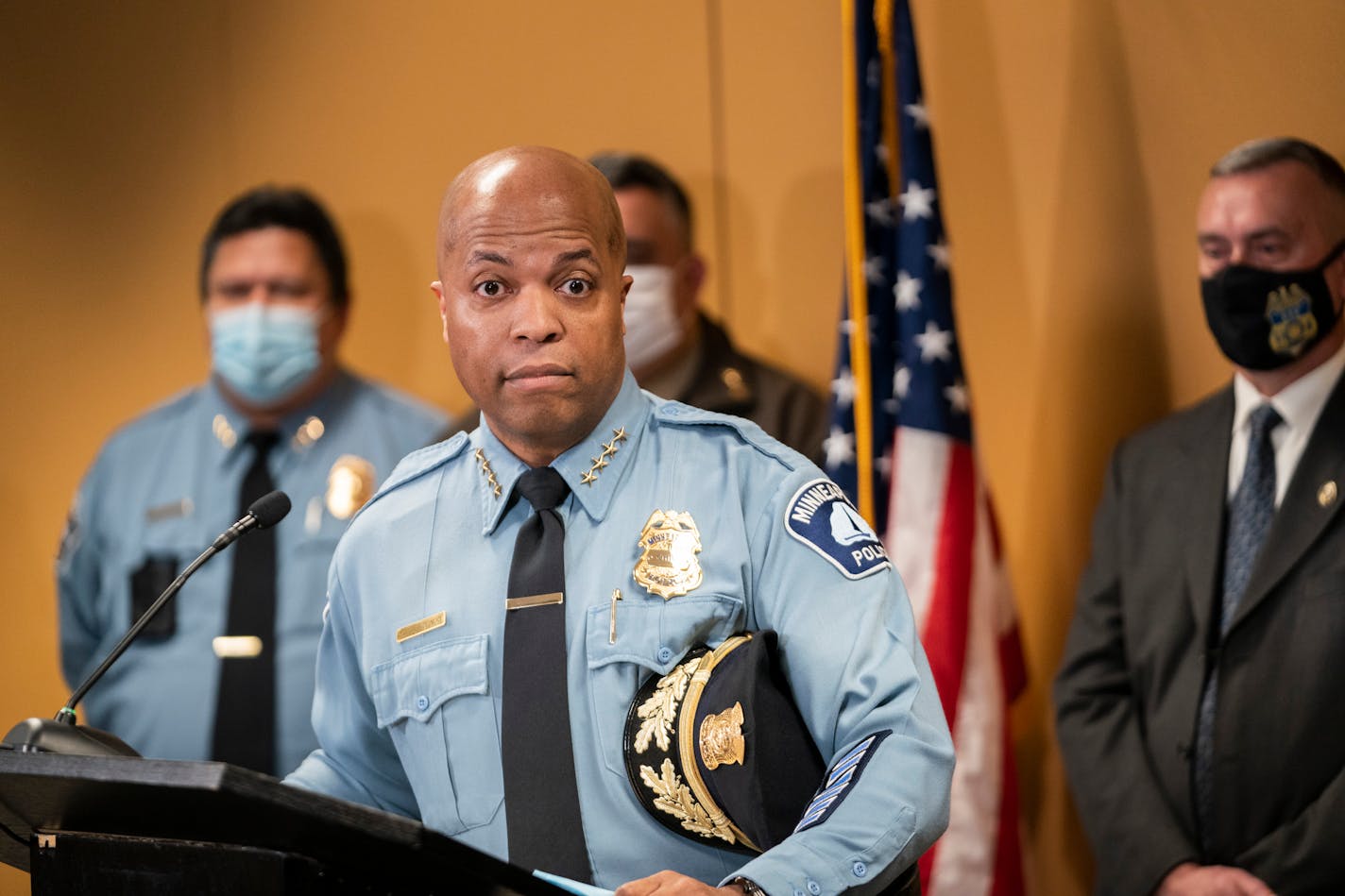 Minneapolis Police Chief Medaria Arradondo gave a stern warning that people that commit violence at 38th Street and Chicago Avenue with be arrested and that the street blockades will be removed soon by the police in conjunction with the ATV and FBI during a press conference in Minneapolis, Minn., on Wednesday, March 17, 2021.