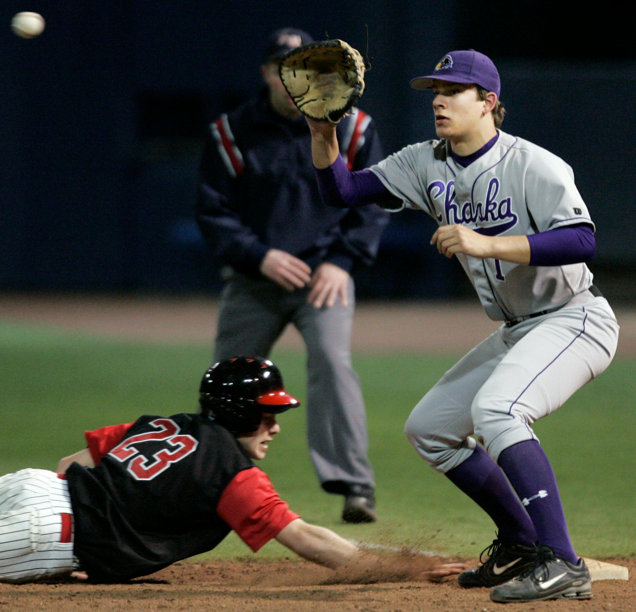 Chaska's Brad Hand played first base in the game against Shakopee.