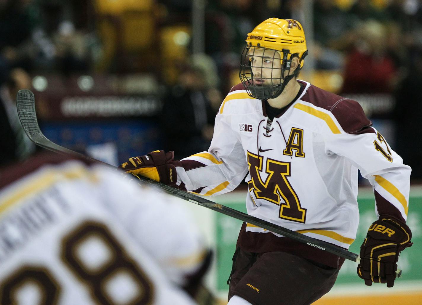 The University of Minnesota alternate captain Seth Ambroz (17) at the start of the Gophers's 5-2 win over Bemidji State at Mariucci Arena on the University of Minnesota campus Friday, Oct. 24, 2014, in Minneapolis, MN.](DAVID JOLES/STARTRIBUNE)djoles@startribune.com Gophers 5-2 win over Bemidji State at Mariucci Arena on the University of Minnesota campus Friday, Oct. 24, 2014, in Minneapolis, MN.