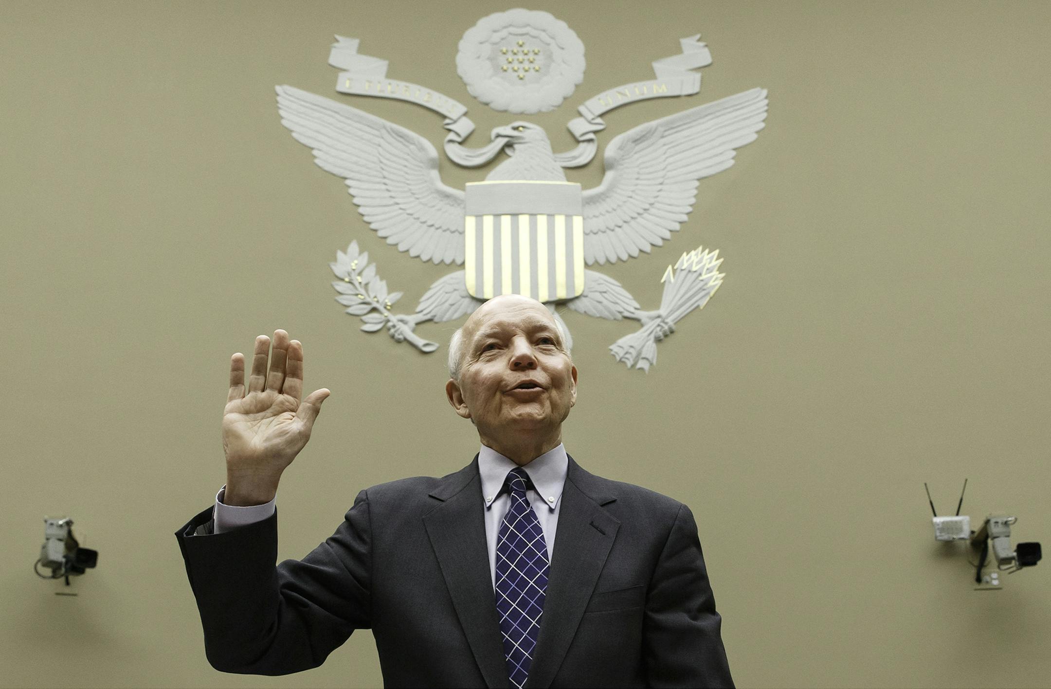 Internal Revenue Service Commissioner John Koskinen is sworn in before the House Oversight Committee as lawmakers continue their probe of whether tea party groups were improperly targeted for increased scrutiny by the IRS, on Capitol Hill in Washington, Monday, June 23, 2014. The IRS asserts it can't produce emails from seven officials connected to the tea party investigation because of computer crashes, including the emails from Lois Lerner, the former IRS official at the center of the investig