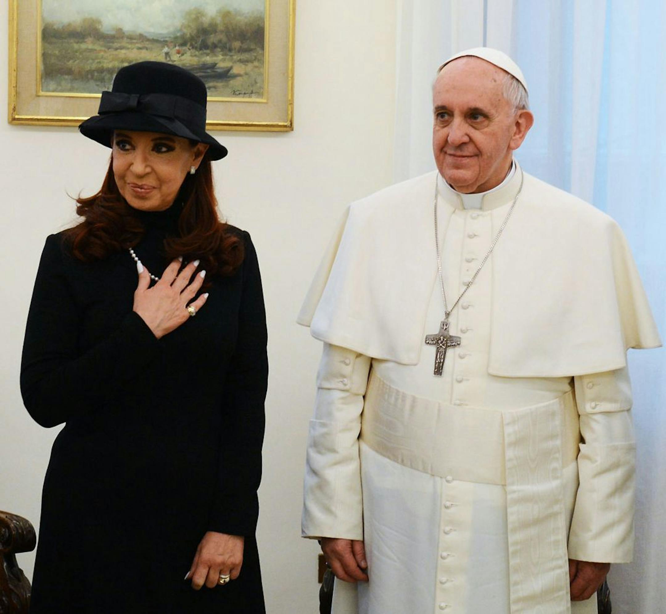 In a photo released by the office of the Argentine Presidency, newly elected Pope Francis, formerly Cardinal Jorge Mario Bergoglio of Argentina, with President Cristina Fernandez de Kirchner in Vatican City, Monday, March 18, 2013. (Argentine Presidency via The New York Times) - EDITORIAL USE ONLY -