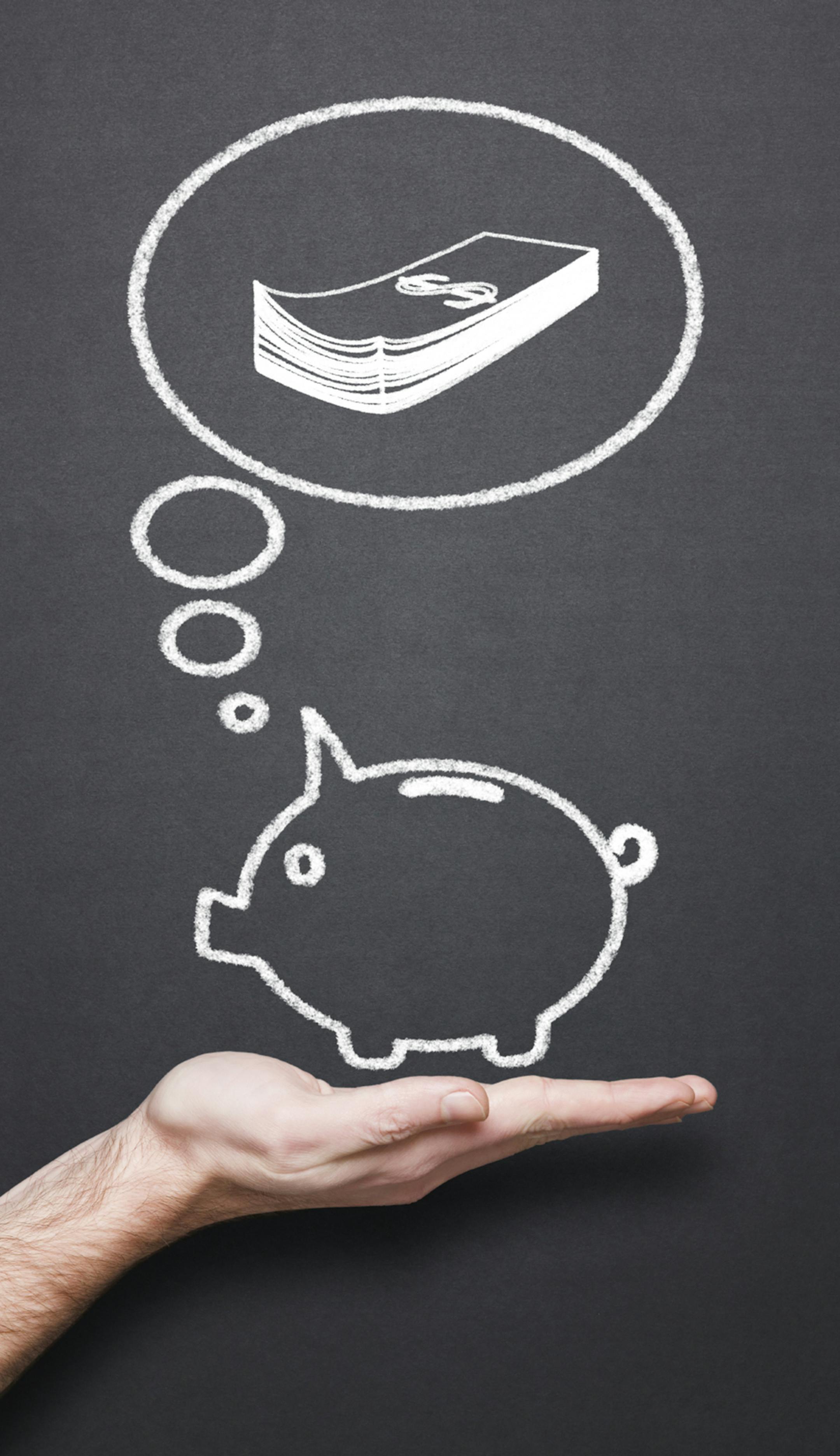 chalkboard with hand and box, piggy bank and thought bubble: path for drawing available in file