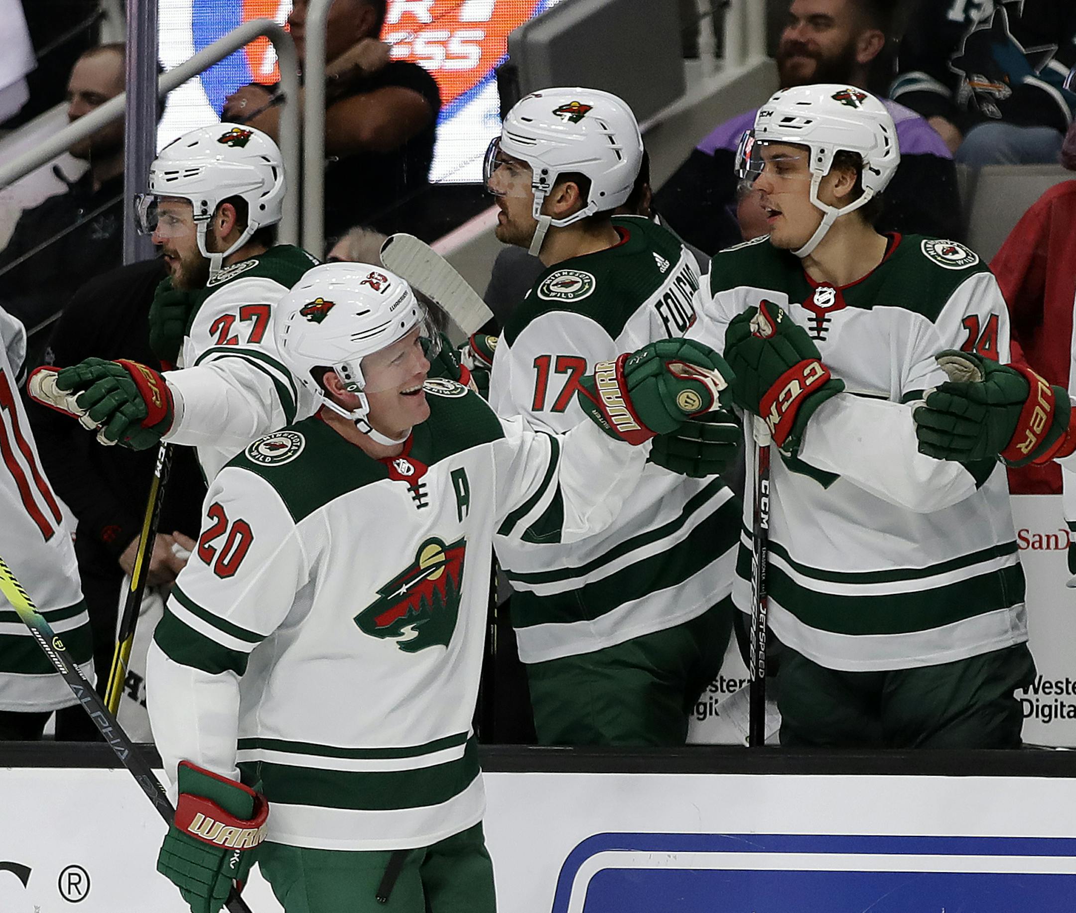 Wild defenseman Ryan Suter had plenty to smile about on Thursday night after he opened the scoring against the Sharks with his eighth goal of the season.