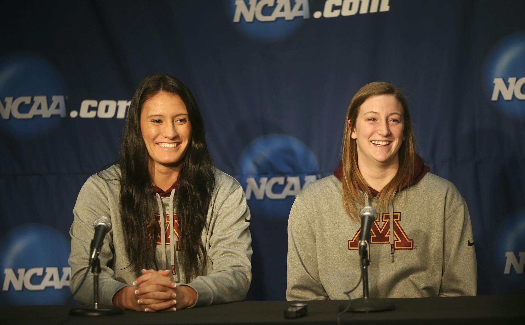 University of Minnesota volleyball starts Tori Dixon, left, and Ashley Wittman answer questions during a press conference at the University of Minnesota Sports Pavillion Tuesday, Dec. 10, 2013 in Minneapolis, MN. ](DAVID JOLES/STARTRIBUNE) djoles@startribune.com University of Minnesota volleyball starts Tori Dixon and Ashley Wittman, have played on the same team for the last 10 years. They'll have to spring two upsets this weekend to avoid the end of their careers at Minnesota.