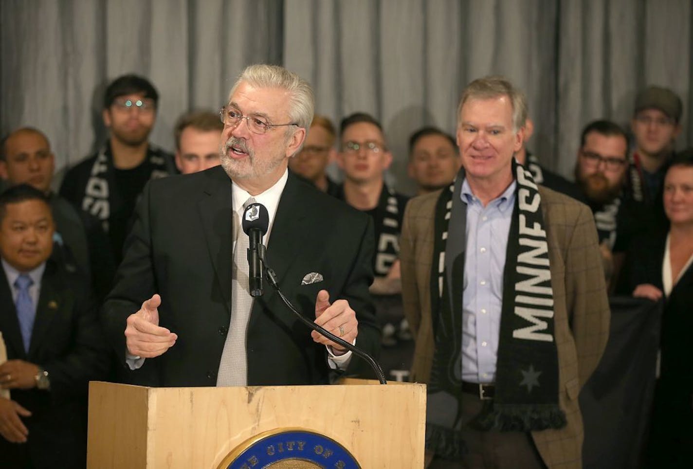 Bill McGuire, owner of the Minnesota United Football Club, announced hat the new MLS team will play in a new stadium to be built near University and Snelling avenues during press conference, Friday, October 23, 2015 in St. Paul, MN.