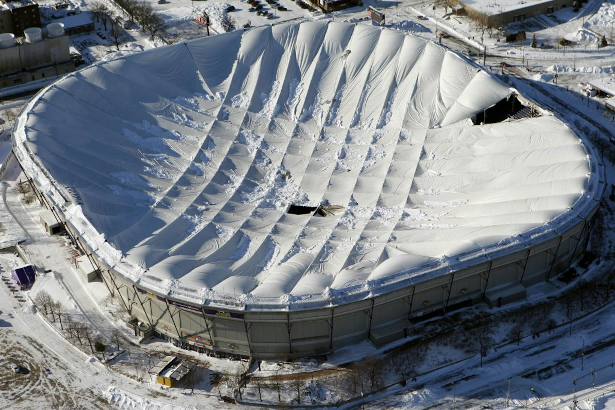 The Metrodome's roof collapsed under heavy snowfall in December of 2010.