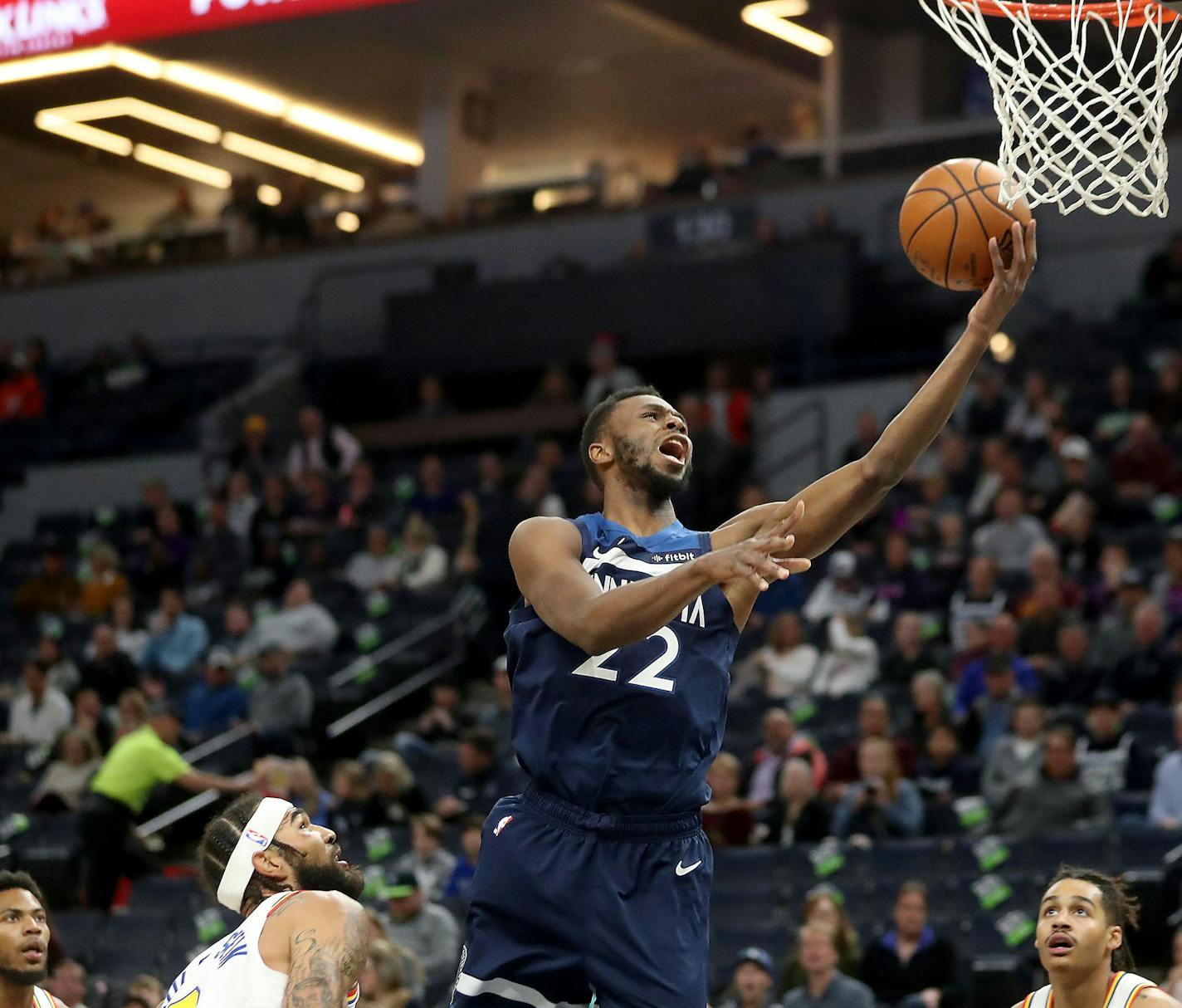 The Minnesota Timberwolves Andrew Wiggins during the Wolves 125-119 overtime win over Golden State. ] DAVID JOLES &#x2022; david.joles@startribune.com Wolves vs. Golden State Friday, Nov. 8, 2019, at the Target Center in Minneapolis, MN.