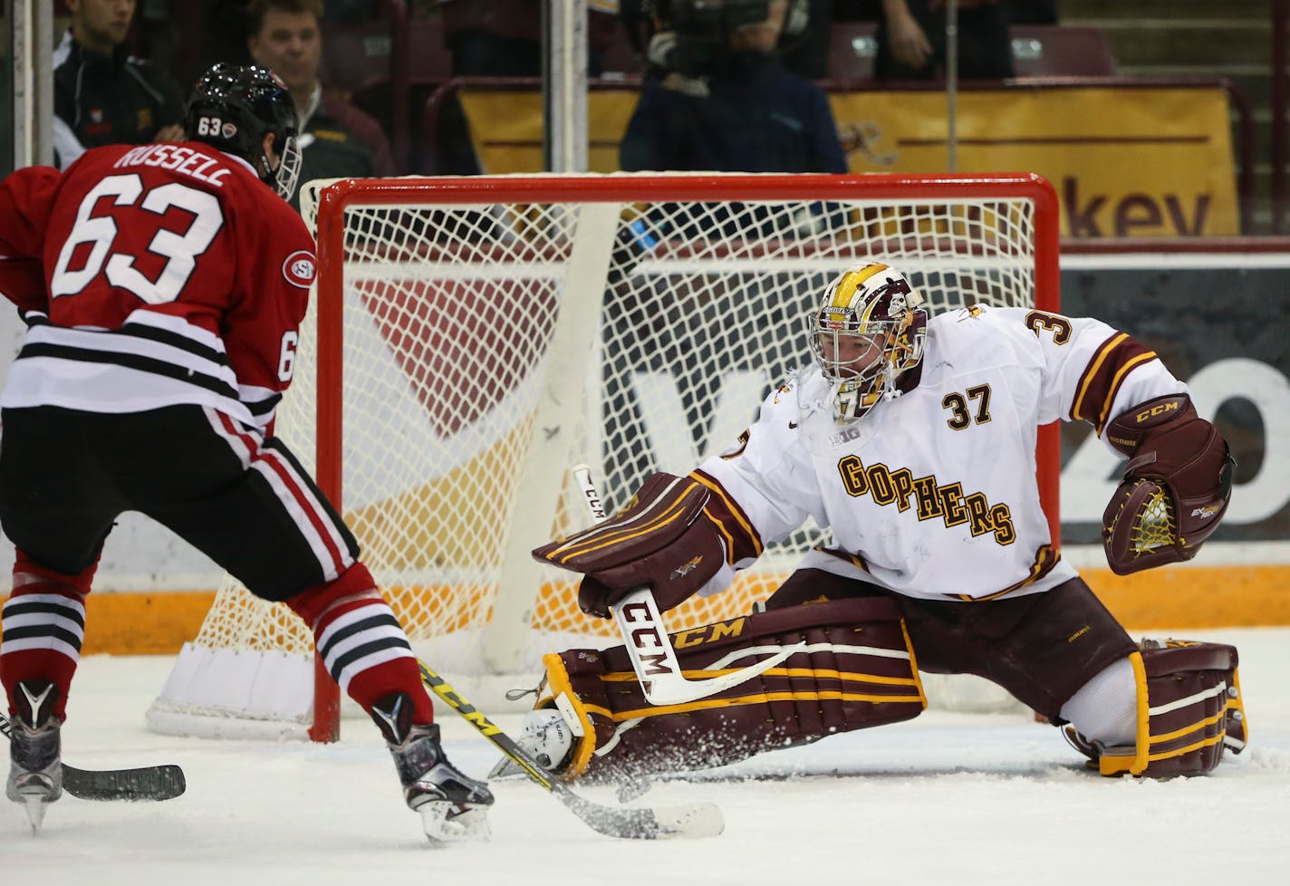 St. Cloud forward Patrick Russell slapped a rebound by Minnesota goalie Eric Schierhorn for the Huskies' fifth goal of the game in November.