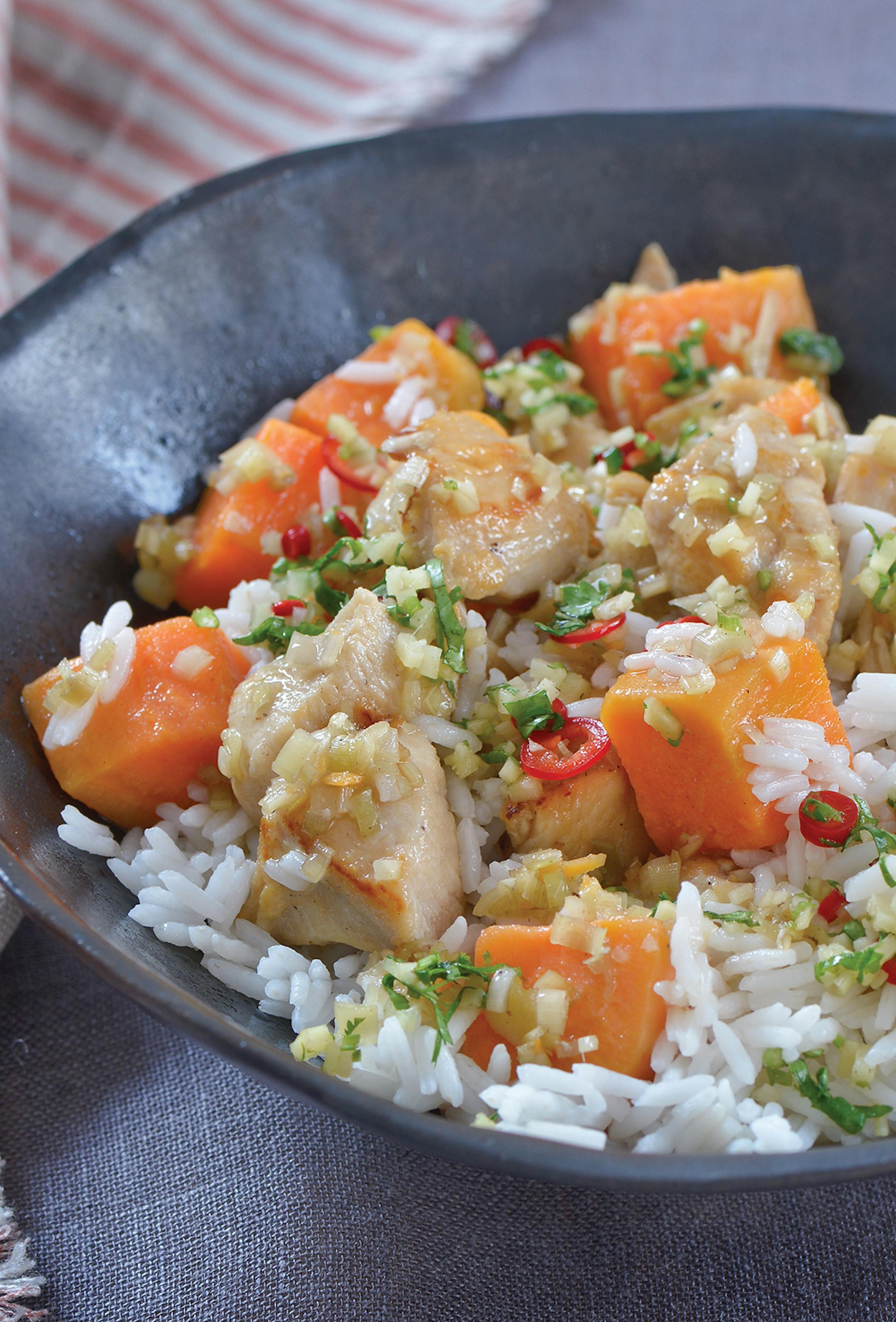 Sweet Potatoes with Chicken from Raghavan Iyer's "Smashed, Mashed, Boiled, and BakedóAnd Fried Too!", Workman Publishing. Credit: Matthew Benson.