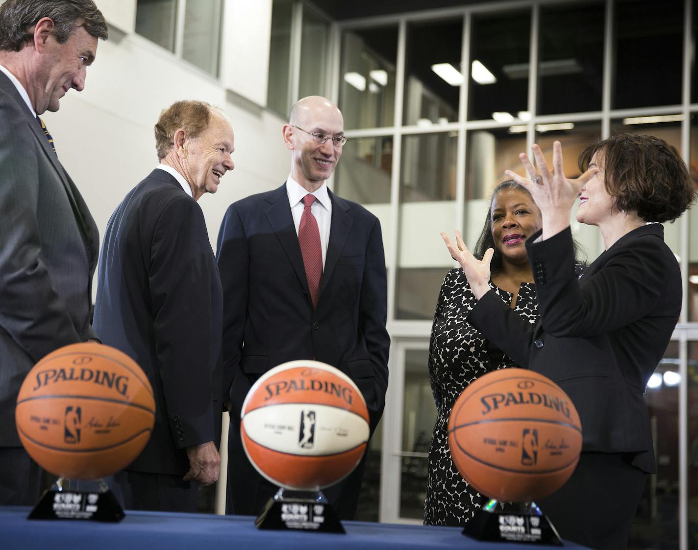 Mayo Clinic President and CEO Dr. John Noseworthy, from left, Timberwolves and Lynx owner, Glen Taylor, NBA Commissioner Adam Silver, WNBA President Laurel Richie and Minneapolis Mayor Betsy Hodges talk during a grand opening event at the Timberwolves and Lynx Courts at Mayo Clinic Square in downtown Minneapolis on Wednesday, June 17, 2015. ] LEILA NAVIDI leila.navidi@startribune.com /