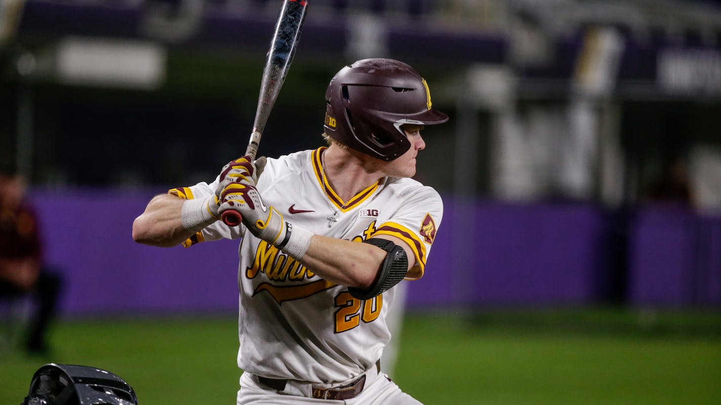 Minnesota's Riley Swenson bats during an NCAA baseball game against Hawaii on Friday, March 3, 2023 in Minneapolis. (AP Photo/Andy Clayton-King)