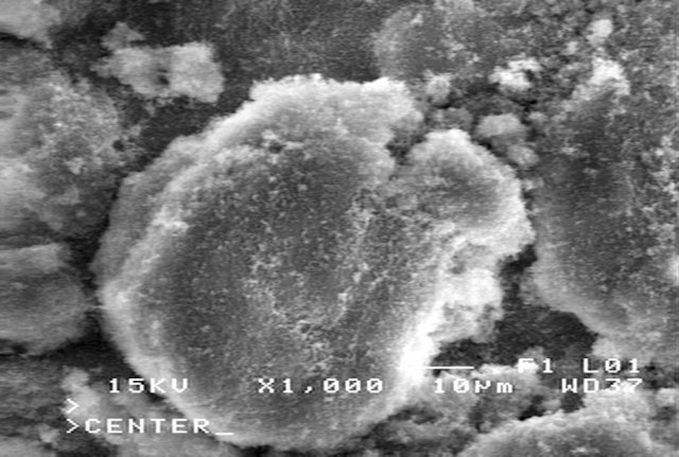 An electronic microscope was used to photograph this single nano particle produced by Rushford Hypersonic. These particles are so tiny that it would take 3 million of them to cover the end of a human hair. These particles are sprayed to metal parts giving them incredible strength.