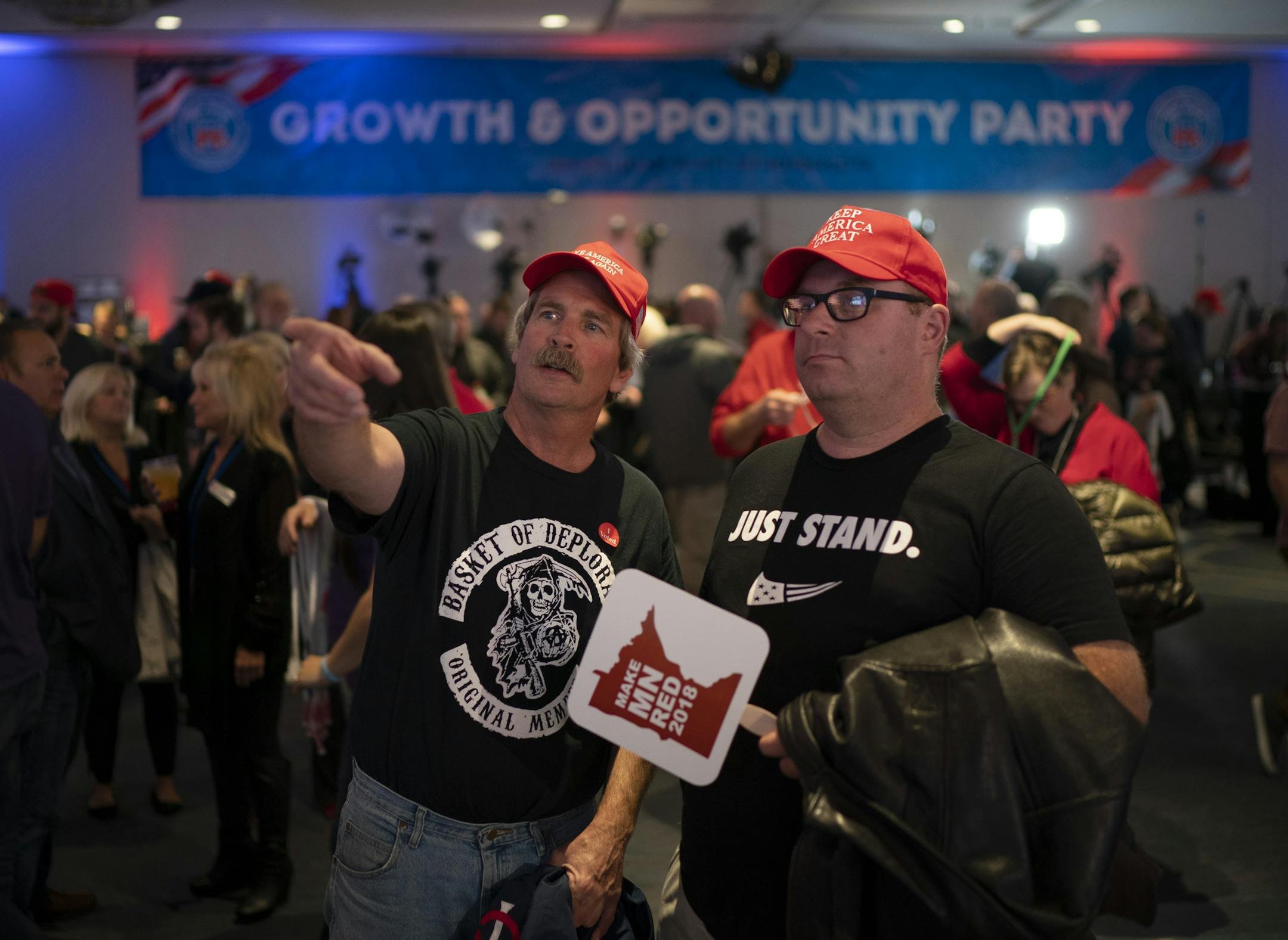 Dave Allmann, left, and Andy Hayden, both of Bloomington, watched early returns Tuesday night. ] JEFF WHEELER &#xef; jeff.wheeler@startribune.com The Republican Party of Minnesota held their election night gathering at the Doubletree by Hilton Hotel in Bloomington Tuesday night, November 6, 2018.