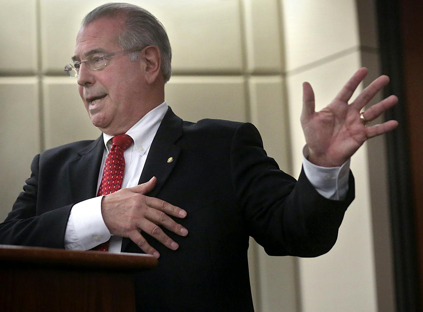 Hennepin County Attorney Mike Freeman announces Wednesday, March 30, 2016, that no charges will be filed against two Minneapolis police officers in the fatal shooting of a black man, Jamar Clark, last November, in Minneapolis. Community activists in Minneapolis say they don�t accept the prosecutor�s decision. (Jim Gehrz/Star Tribune via AP) ORG XMIT: MIN2016033016544935