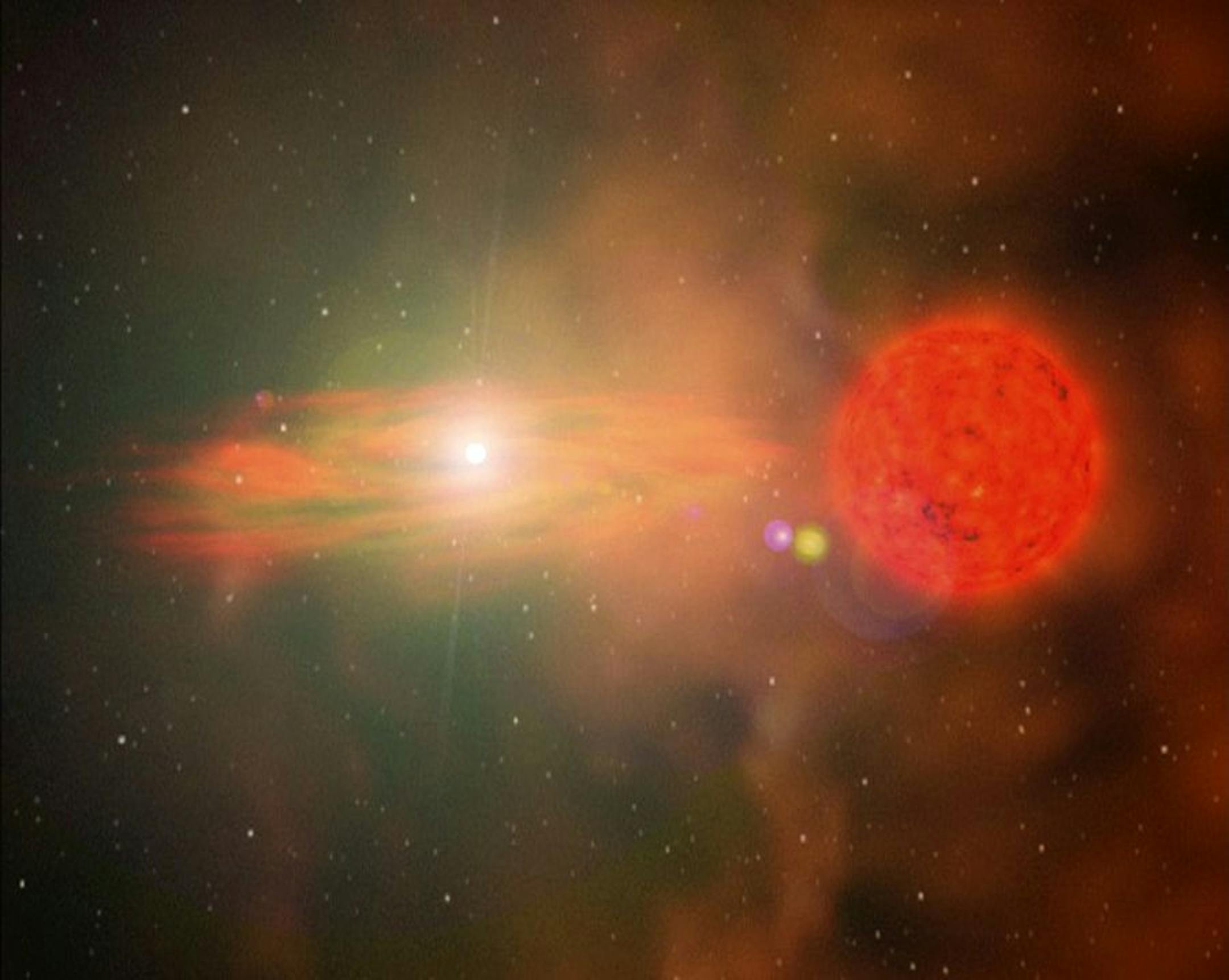An undated handout photo of a white dwarf, left, fed by a red giant. Scientists studying a Type 1A supernova found it to be caused by a white dwarf absorbing gas from a nearby red giant.