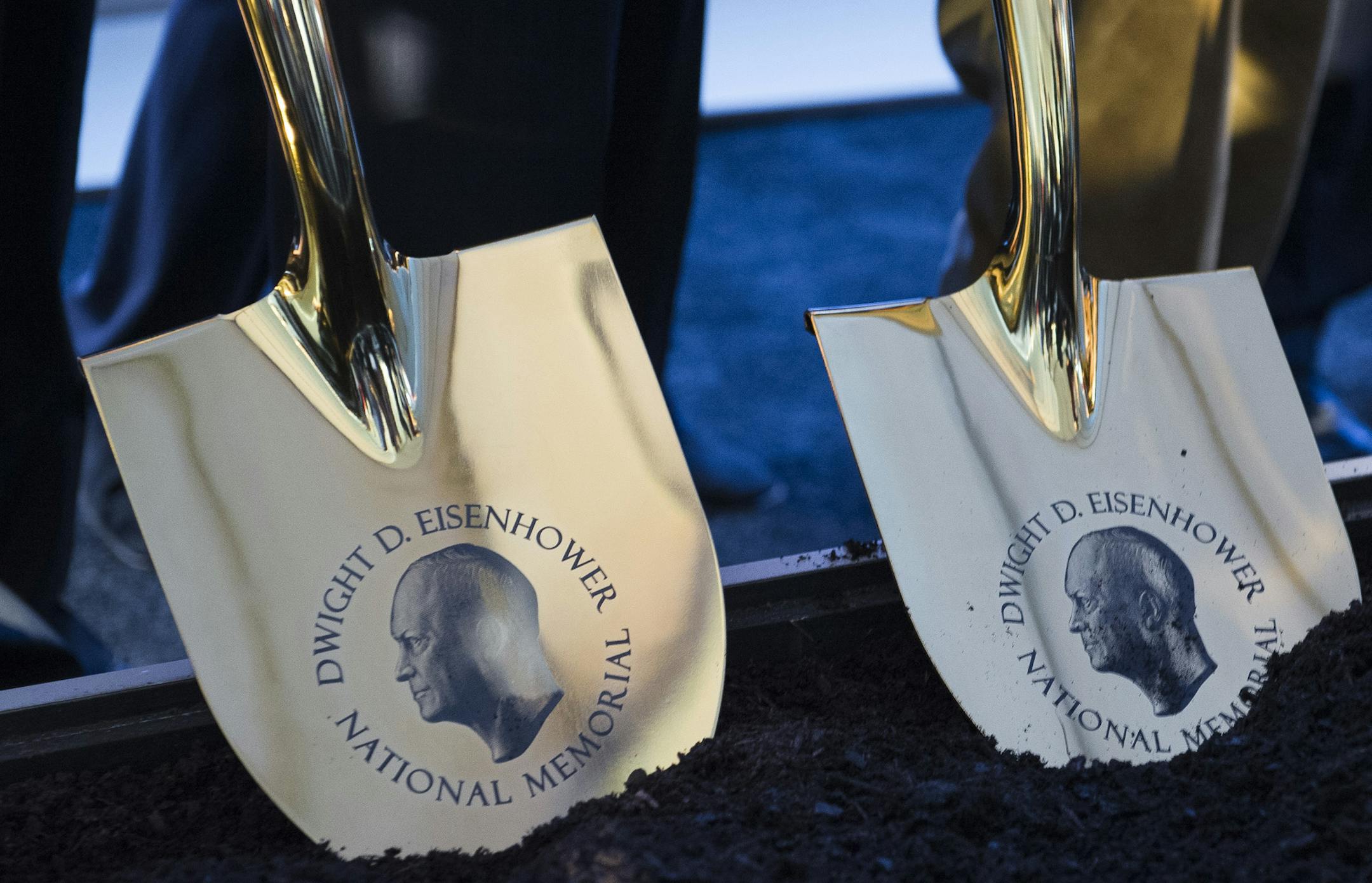 Golden shovels wait to break ground during the ceremonial groundbreaking of the Dwight D. Eisenhower Memorial, in Washington, Thursday, Nov. 2, 2017. (The memorial will be located on four acres of land near the National Mall. (AP Photo/Cliff Owen)