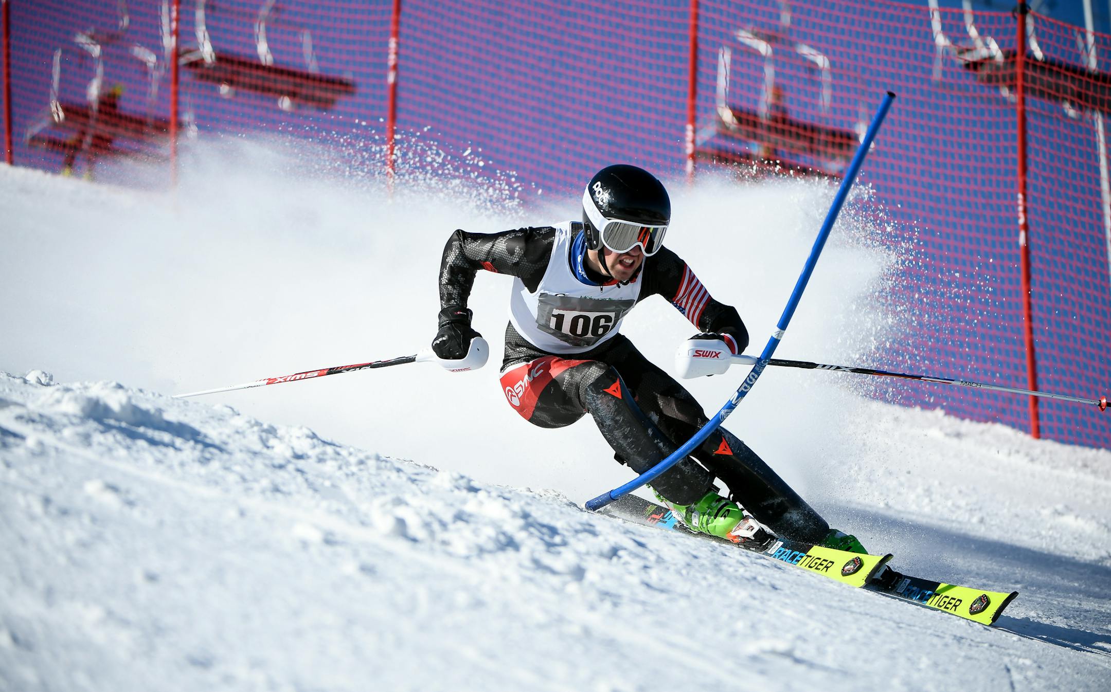 Hermantown's Austin Danelski earned a first place finish with a combined time of 1:10:96, which included a time of 36.49 in his second run, pictured. ] AARON LAVINSKY • aaron.lavinsky@startribune.com The alpine skiing state meet was held Wednesday, Feb. 14, 2018 at Giants Ridge in Biwabik, Minn.