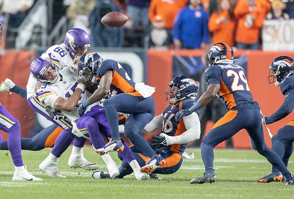 Quarterback Joshua Dobbs fumbled and took a questionable hit from Broncos safety Kareem Jackson on the Vikings’ first possession in Denver Sunday ni
