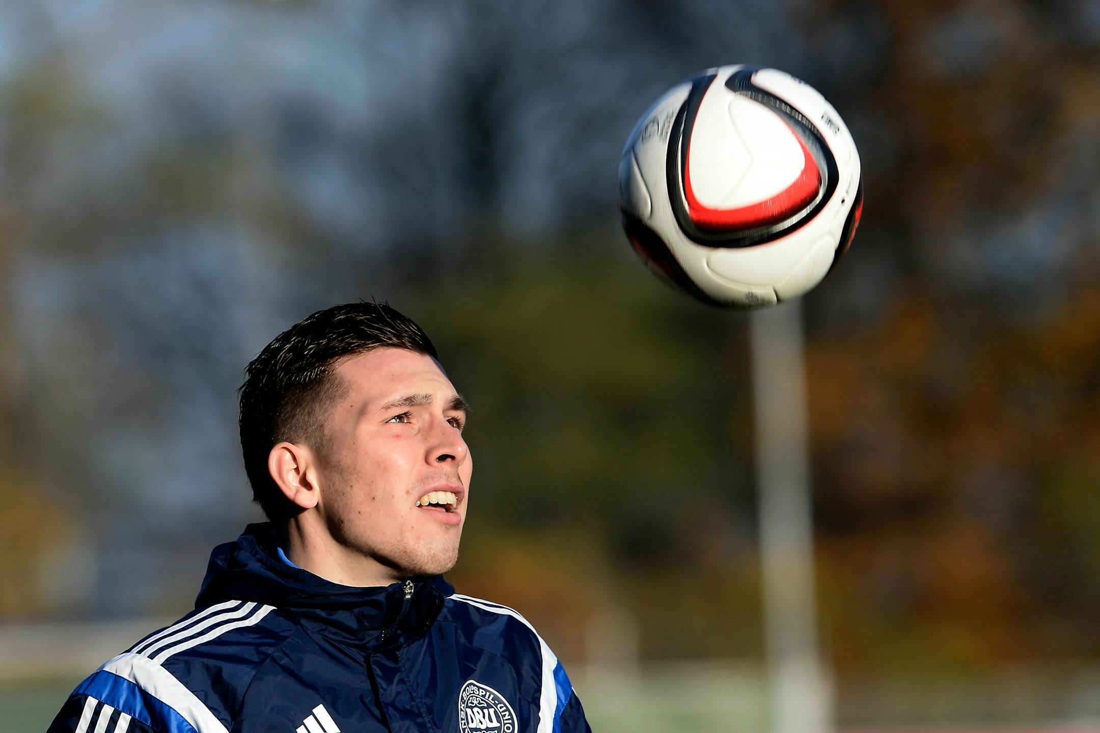 Denmark's Pierre-Emile Hojbjerg, in action during training ahead of the Euro 2016 play-off soccer match Sweden vs. Denmark in Elsinore Denmark on Thursday Nov. 12, 2015. (AP Photo/Lars Poulsen via Polfoto) DENMARK OUT