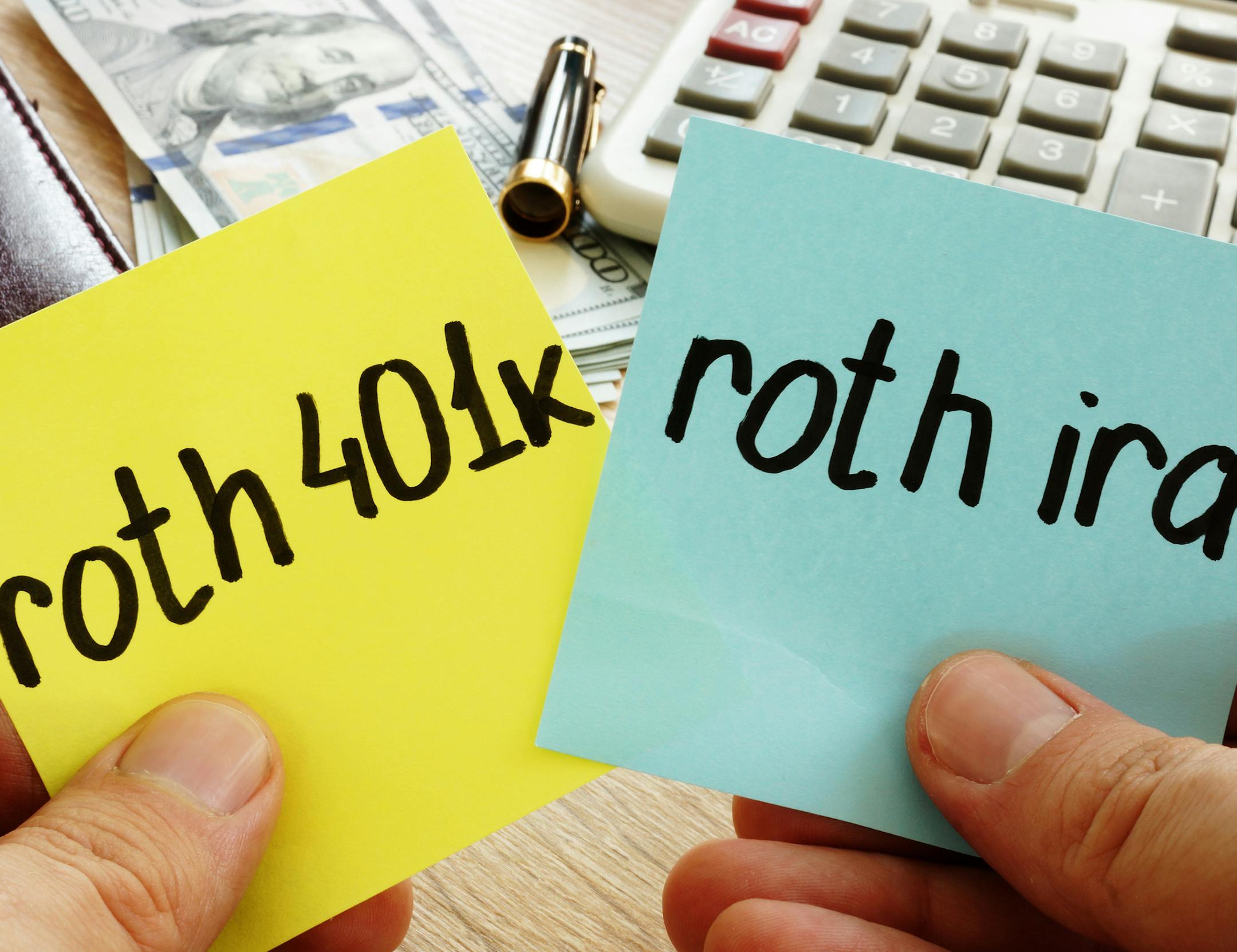 Man holding sticks with roth 401k vs roth ira. Retirement.